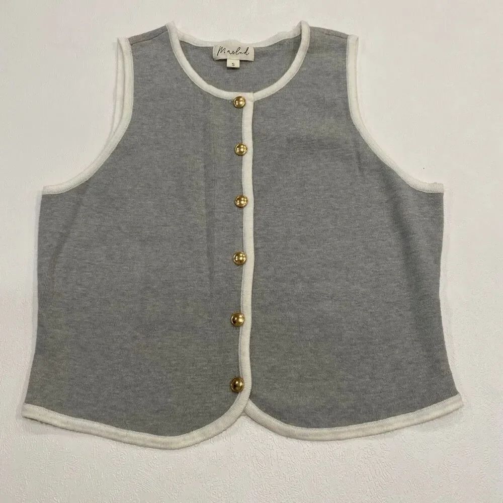 Marled Gray Knit Vest Top Small – Gold Button Trim, Sleeveless Layering Tank